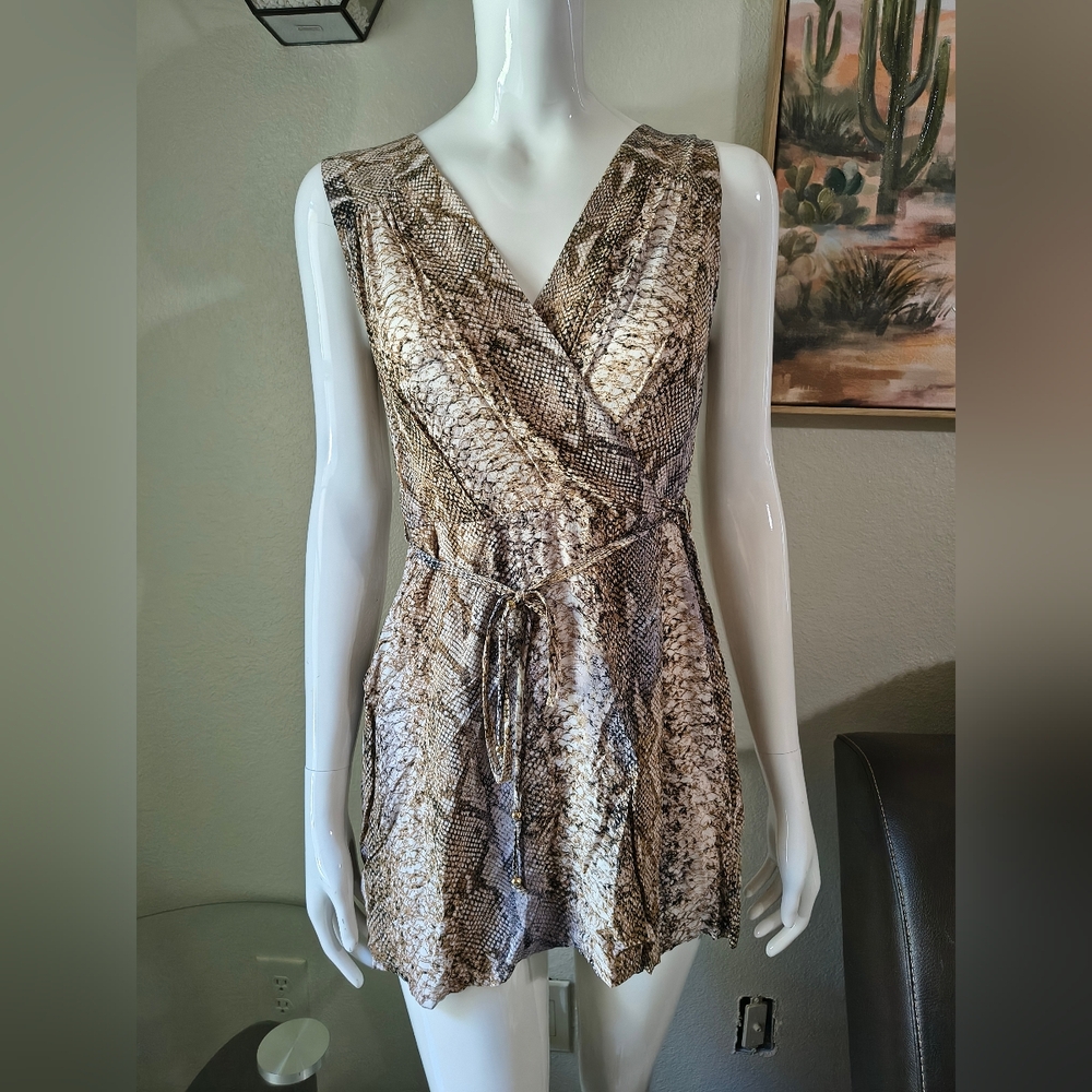 Calvin Klein Snake Print Romper featuring a khaki and multicolor pattern, v-neck